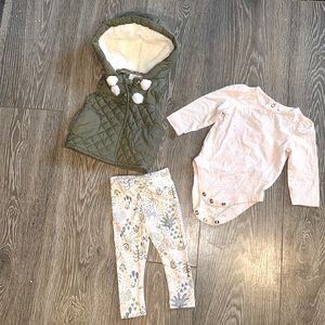 Adorable 3 piece set. Olive Vest, light pink long sleeve onesie & leggings